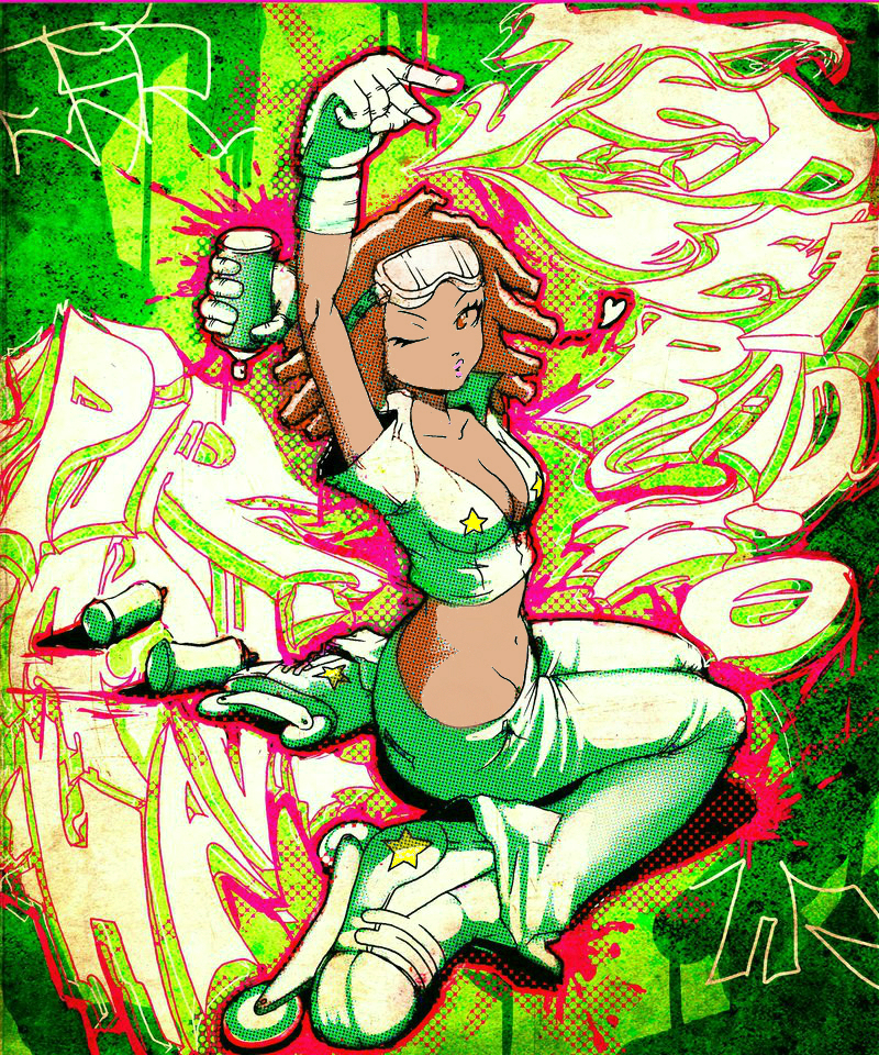 1girl ben-day_dots breasts brown_eyes brown_hair can cleavage dark_skin dreadlocks gloves goggles graffiti inline_skates jet_set_radio lips midriff piranha_(jsr) recolor roller_skates screentones sega skates spray_can star_(symbol) third-party_edit