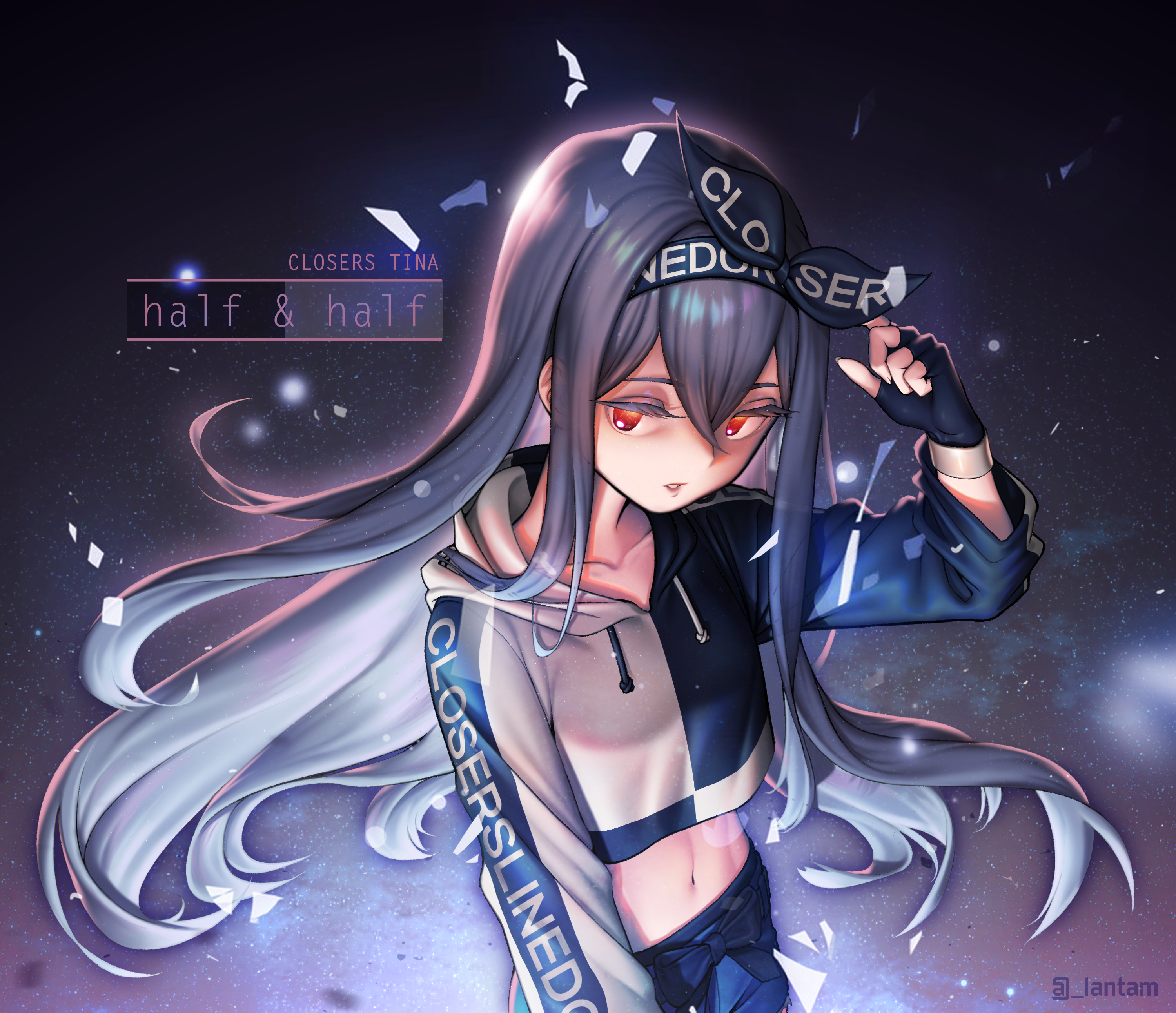 1girl absurdres black_gloves character_name closers commentary copyright_name english_commentary female_focus fingerless_gloves gloves grey_hair highres hood hoodie lantam long_hair long_sleeves looking_at_viewer midriff navel red_eyes solo tina_(closers) twitter_username