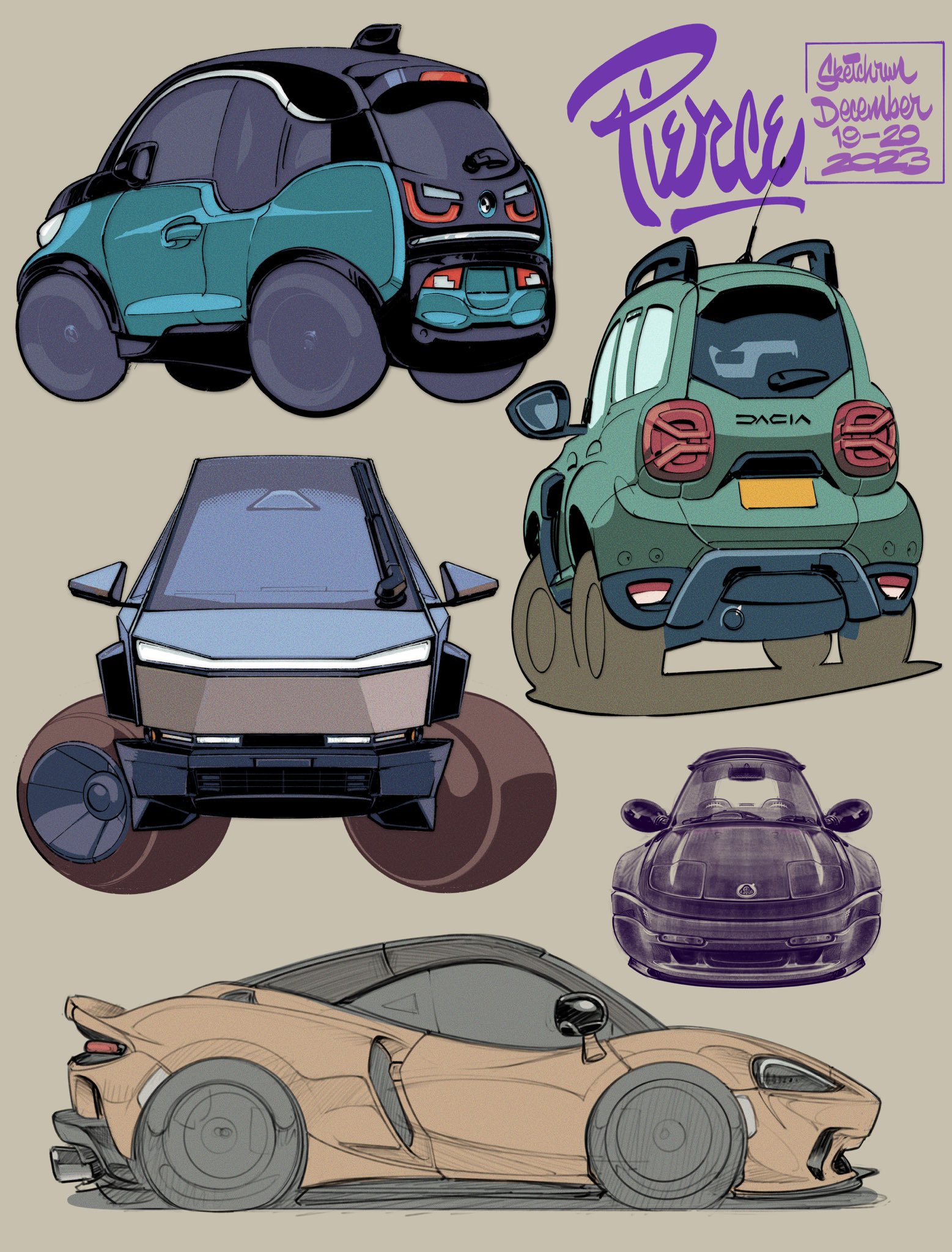 artist_name bmw bmw_i3 brown_background car commentary dacia dacia_duster dated english_commentary flower from_side highres lotus_(brand) lotus_elan mclaren original shadow sports_utility_vehicle tesla_(company) tesla_cybertruck vehicle_focus vehicle_request will_pierce