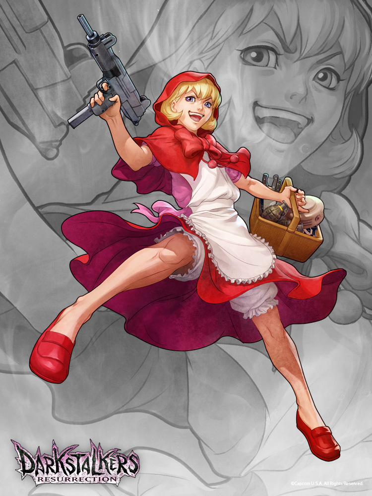 1girl anti-personnel_mine anti-personnel_weapon b.b._hood basket blonde_hair bloomers blue_eyes bomb capcom capelet darkstalkers dress explosive female_focus grenade gun hand_grenade hood knife machine_pistol mine_(weapon) no_legwear open_mouth red_dress smile solo stanley_lau submachine_gun underwear uzi weapon zoom_layer