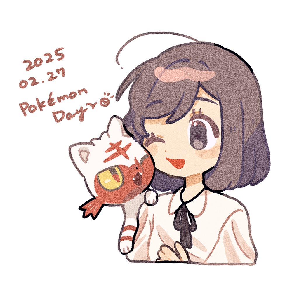1girl ;d alternate_color brown_eyes brown_hair collared_shirt daifuku_(pokefuka_art) dated eyelashes gen_7_pokemon happy litten medium_hair neck_ribbon nintendo on_shoulder one_eye_closed open_mouth pokemon pokemon_(creature) pokemon_day pokemon_on_shoulder ribbon shiny_pokemon shirt simple_background smile white_background white_shirt