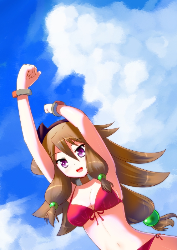 1girl :d animal_ears aq_interactive arcana_heart arcana_heart_2 bikini bracelet breasts brown_hair cleavage cloud dog_ears examu front-tie_bikini_top front-tie_top hair_ornament inuwaka_akane jewelry kasabou long_hair looking_at_viewer medium_breasts multicolored_hair navel open_mouth purple_eyes smile swimsuit two-tone_hair