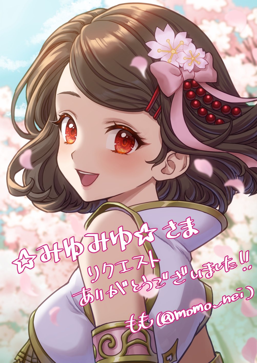 1girl :d armlet artist_name blurry blurry_background bow brown_hair cherry_blossoms colored_eyelashes commentary_request commission curly_hair day depth_of_field floating_hair flower hair_bow hair_flower hair_ornament hairclip highres jewelry looking_at_viewer looking_back medium_hair momo_nei open_mouth original outdoors petals pink_bow pink_petals red_eyes skeb_commission smile solo star_(symbol) translation_request twitter_username upper_body