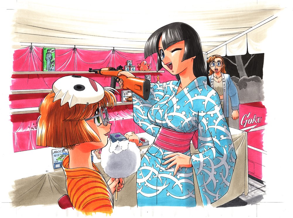 3girls becky_farrah black_hair blue_eyes blue_kimono breasts brown_hair creator_connection glasses gunsmith_cats hand_on_own_hip hino_akane_(houjin_exaxxion) houjin_exaxxion japanese_clothes kimono leaning_back long_hair looking_at_viewer mask mask_on_head medium_breasts minagata_isaka multiple_girls one_eye_closed parted_bangs short_hair smile sonoda_ken&#039;ichi
