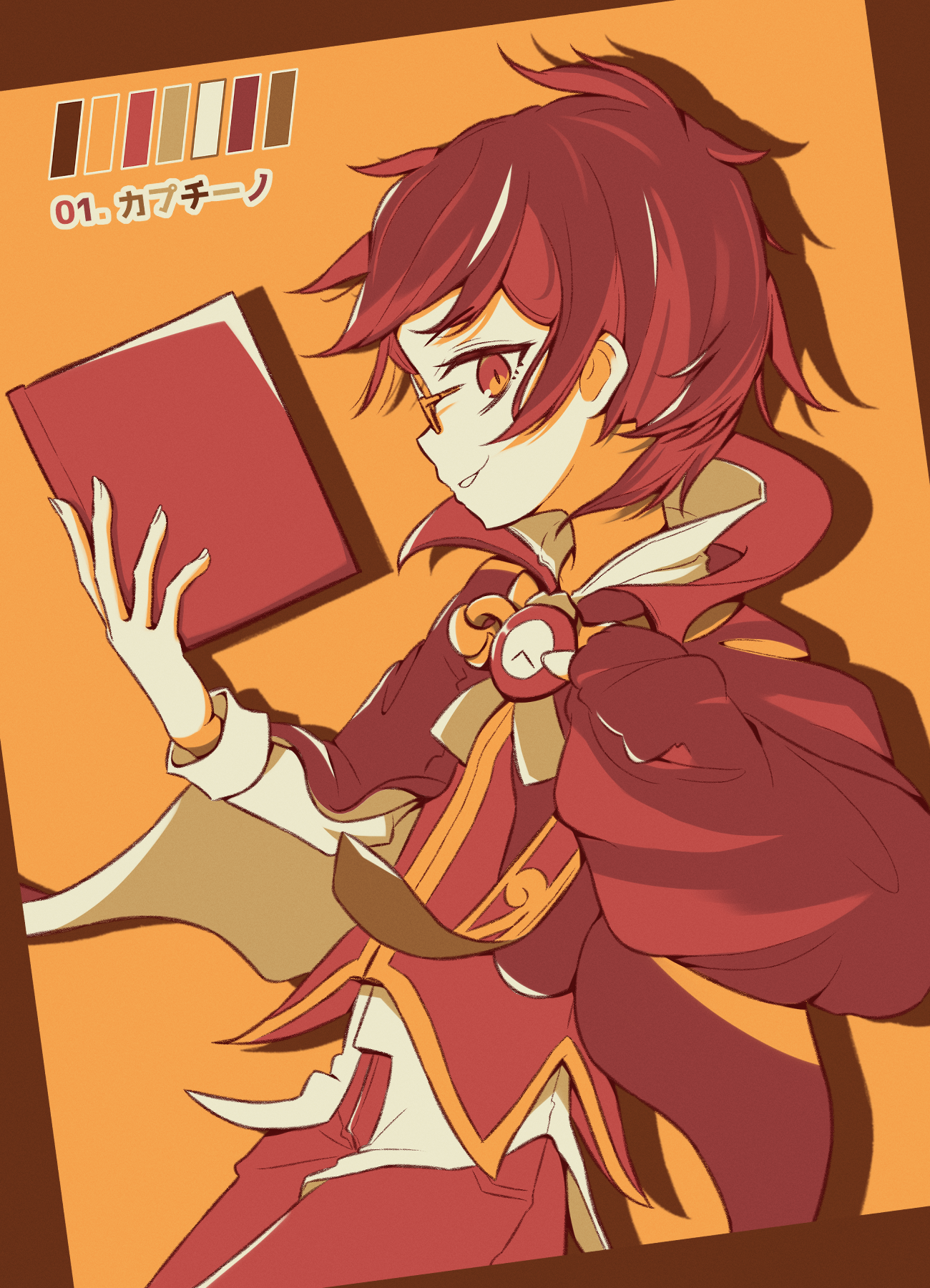 1boy book brown_cape brown_eyes brown_hair brown_vest cape color_guide from_side glasses highres holding holding_book jazz_grace klug_(puyopuyo) limited_palette long_sleeves looking_at_viewer male_focus pants pocket_watch puyopuyo puyopuyo_fever shirt slit_pupils solo strange_klug vest watch white_shirt