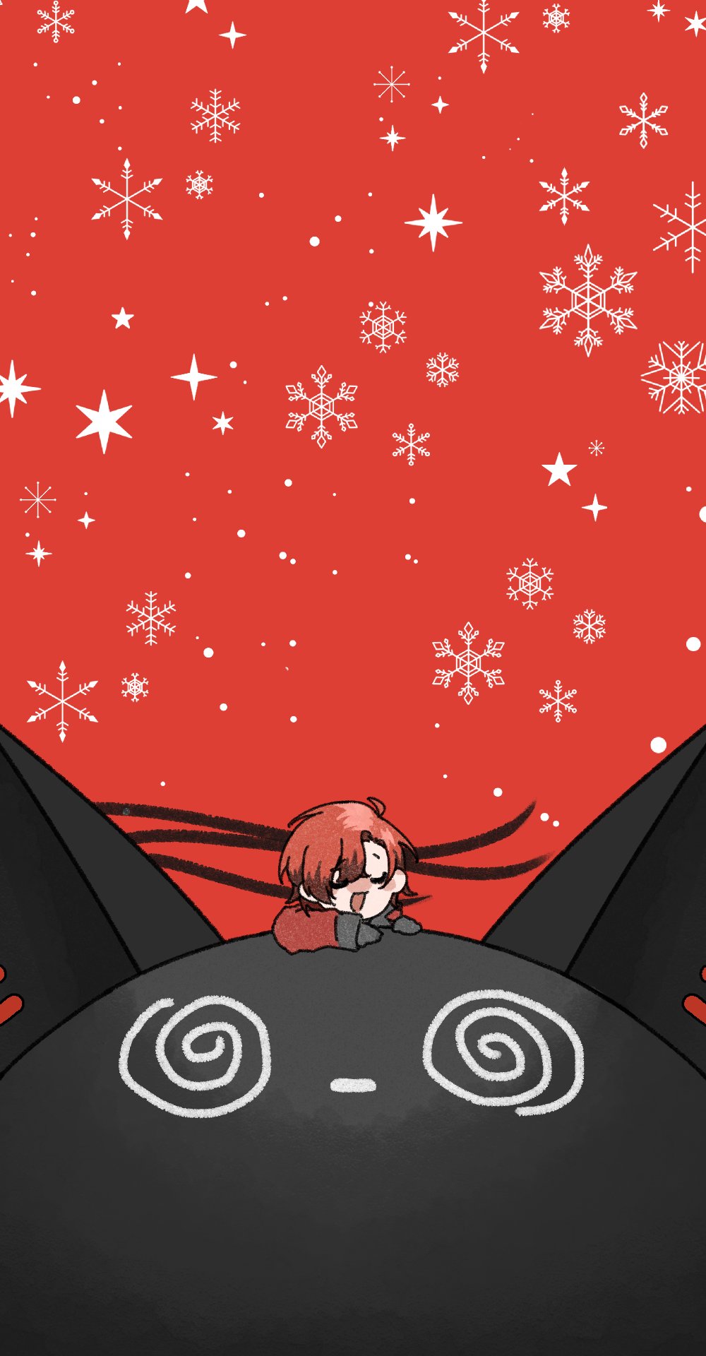 1boy @_@ alternate_size black_gloves closed_eyes creature gloves hair_between_eyes highres holostars holostars_english jacket long_sleeves looking_at_another machina_x_flayon machiroon_(machina_x_flayon) nynna_n on_animal open_mouth parted_bangs red_background red_hair red_jacket snowflakes snowing star_(symbol) virtual_youtuber winter