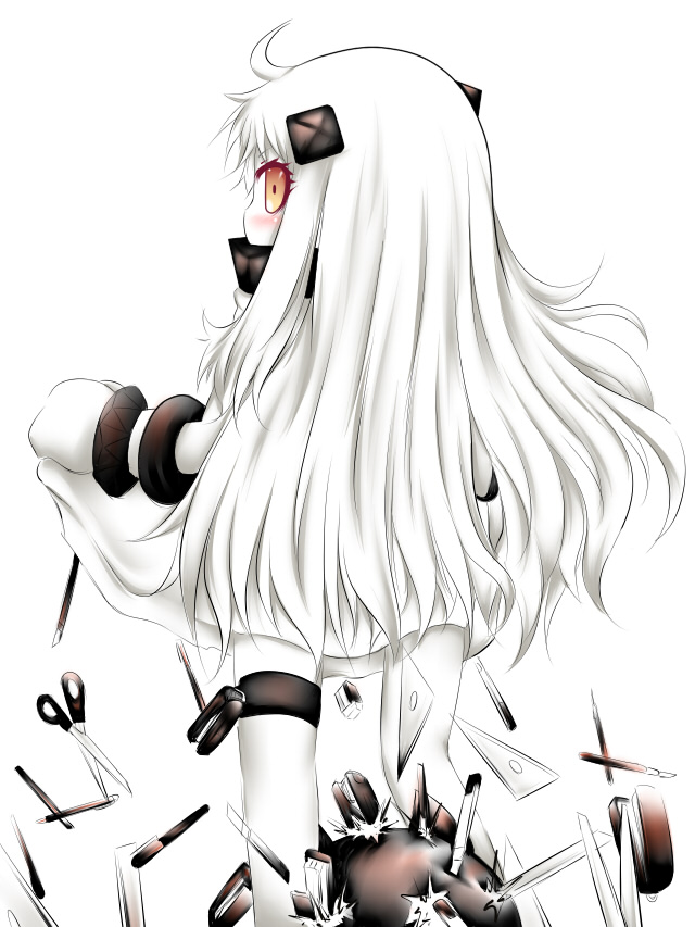 1girl abyssal_ship ahoge bakemonogatari boxcutter clothes_lift colored_skin cutter derivative_work dress dress_lift horns kantai_collection long_hair looking_at_viewer looking_back mittens monogatari_(series) northern_ocean_princess orange_eyes ouno_(nounai_disintegration) parody pen ruler scissors senjougahara_pose white_background white_dress white_hair white_skin