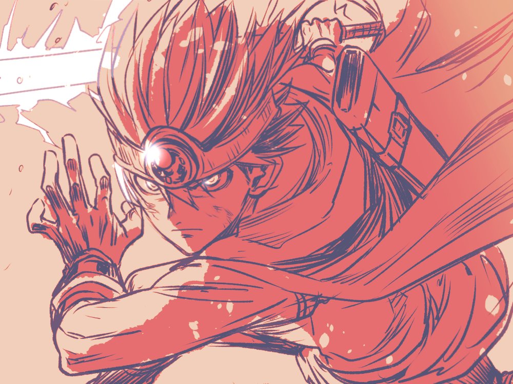 1boy cape circlet commentary_request dragon_quest dragon_quest_iii floating_cape floating_hair gloves greyscale hero_(dq3) holding holding_sword holding_weapon incoming_attack looking_ahead male_focus monochrome red_theme roto_(dq3) sanpo_kbg scabbard serious sheath short_hair sketch solo spiked_hair sword tunic weapon