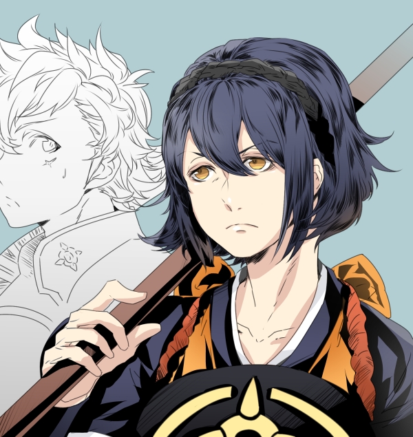 1boy 1girl alternate_hairstyle apron armor blue_hair fire_emblem fire_emblem_fates hinata_(fire_emblem) holding holding_polearm holding_weapon hotate_rayan japanese_armor japanese_clothes naginata nintendo oboro_(fire_emblem) orange_apron polearm weapon yellow_eyes