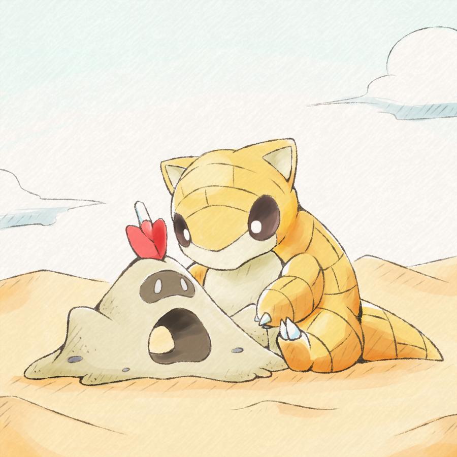 beach brown_eyes claws cloud commentary_request creatures_(company) day game_freak gen_1_pokemon gen_7_pokemon kinakomochi_(kazuna922) looking_down nintendo no_humans outdoors pokemon pokemon_(creature) sand sandshrew sandygast sitting