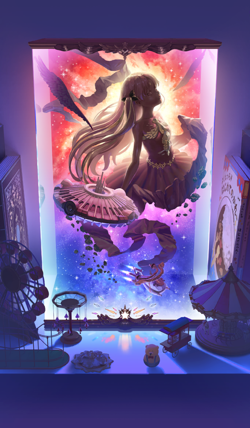 asteroid bel_maana_(fate) book chocolate commentary fate/grand_order fate_(series) food food_art food_focus fukasawa_ippei glowing ishtar_(fate) no_humans official_art sky space space_ishtar_(fate) spacecraft star_(sky) star_(symbol) starry_sky still_life third-party_source