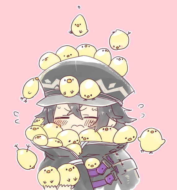 1boy 3: animal animal_in_clothes animal_on_head animal_on_shoulder beak_hold belt bird bird_on_head bird_on_shoulder black_cloak black_hair black_headwear blush chibi chick cloak closed_eyes closed_mouth falling flying flying_sweatdrops goma_sodapop hat male_focus mouth_hold multiple_belts on_head pink_background simple_background suishinshi_masahide_(touken_ranbu) sweat too_many too_many_chicks touken_ranbu upper_body