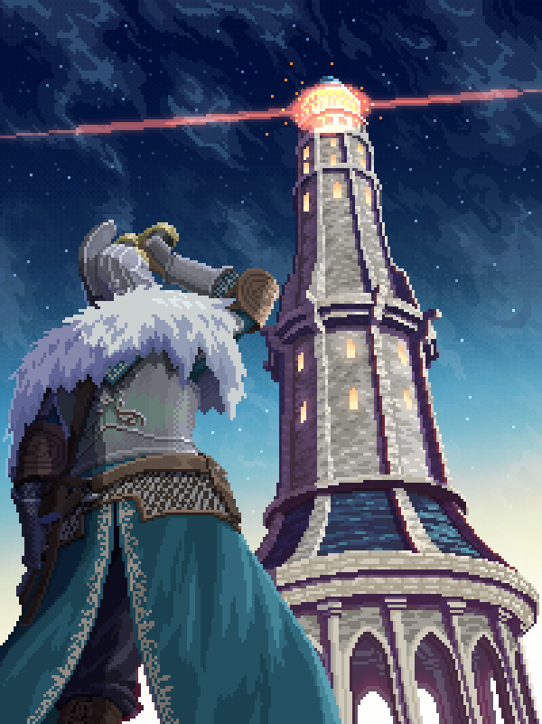 1other armor bearer_of_the_curse binoculars blue_cape blue_sky breastplate bridal_gauntlets cape cowboy_shot dark_souls_(series) dark_souls_ii from_behind fur_collar helm helmet holding holding_binoculars in-universe_location kingyohashioki lighthouse outdoors pixel_art sky solo star_(sky) starry_sky tower
