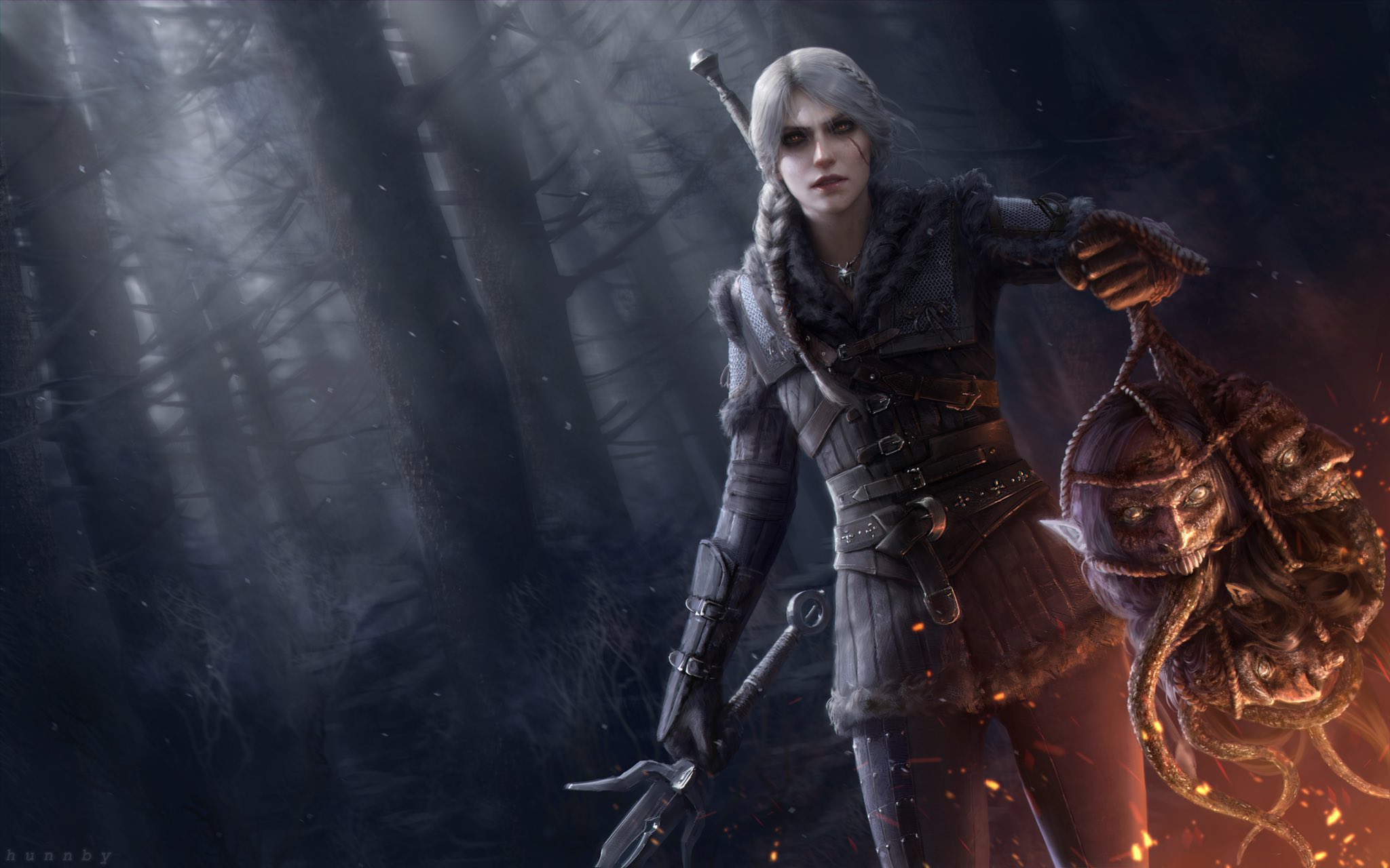 1girl armor black_pants braid braided_ponytail ciri embers facial_scar gloves highres holding holding_sword holding_weapon honeybunny-art long_hair outdoors pants scar scar_on_cheek scar_on_face severed_head sword the_witcher_(series) the_witcher_4 tree weapon white_hair yellow_eyes