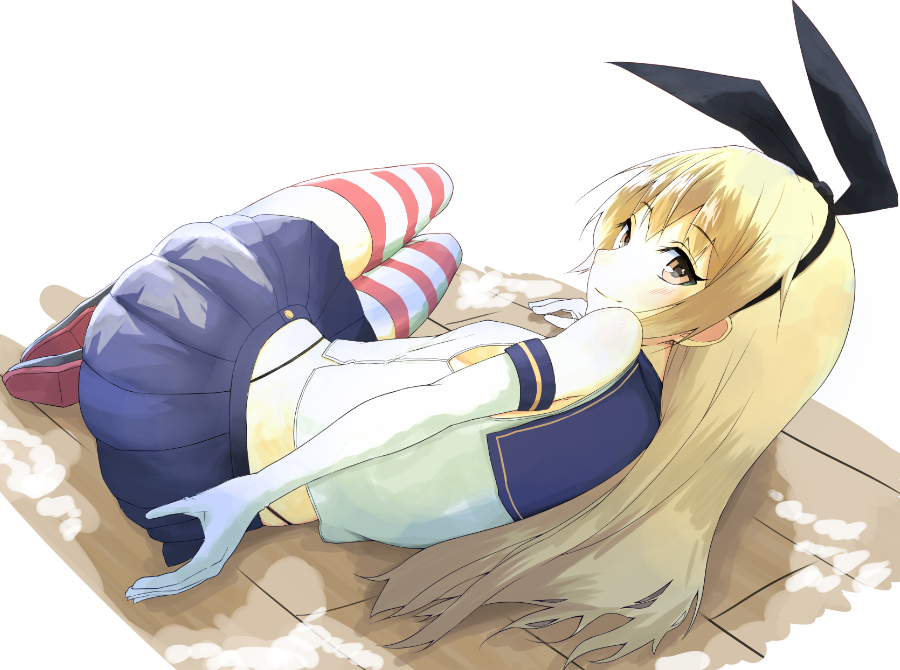 10s 1girl black_panties blonde_hair blouse elbow_gloves female_focus flat_chest gloves hair_ornament hairband highleg highleg_panties kantai_collection long_hair looking_back lying navel panties sailor_collar shimakaze_(kancolle) shirt skirt sleeveless solo striped_clothes striped_thighhighs thighhighs tsuru_(tsubasa1993621) underwear white_gloves
