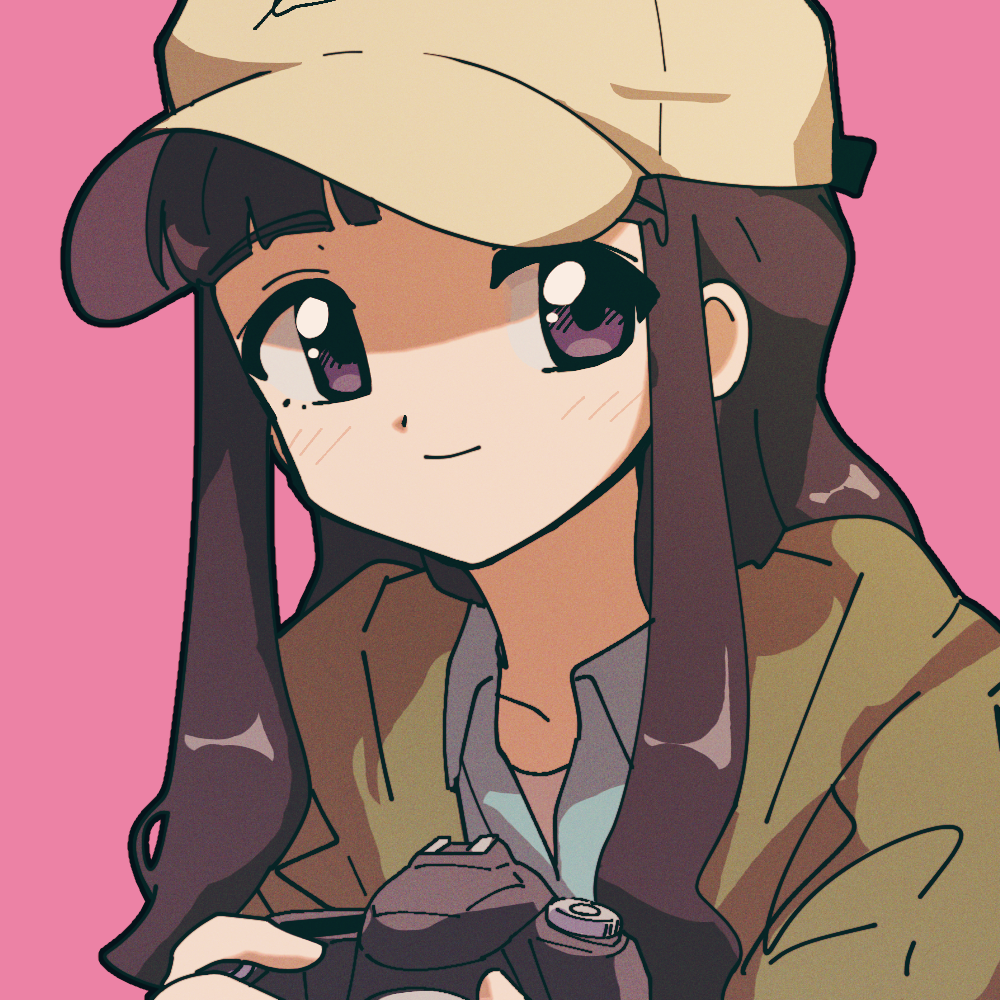 1girl black_outline blue_shirt blunt_bangs blush brown_coat brown_hair camera cardcaptor_sakura closed_mouth coat collared_shirt daidouji_tomoyo grey_hat hat holding holding_camera long_hair looking_at_viewer nzeneee outline pink_background portrait purple_eyes shirt sidelocks simple_background smile solo wing_collar