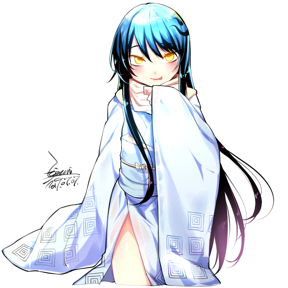 1girl ejami female_focus japanese_clothes kimono long_hair looking_at_viewer nurarihyon_no_mago scarf simple_background smile solo white_background yellow_eyes yuki_onna_(nurarihyon_no_mago)