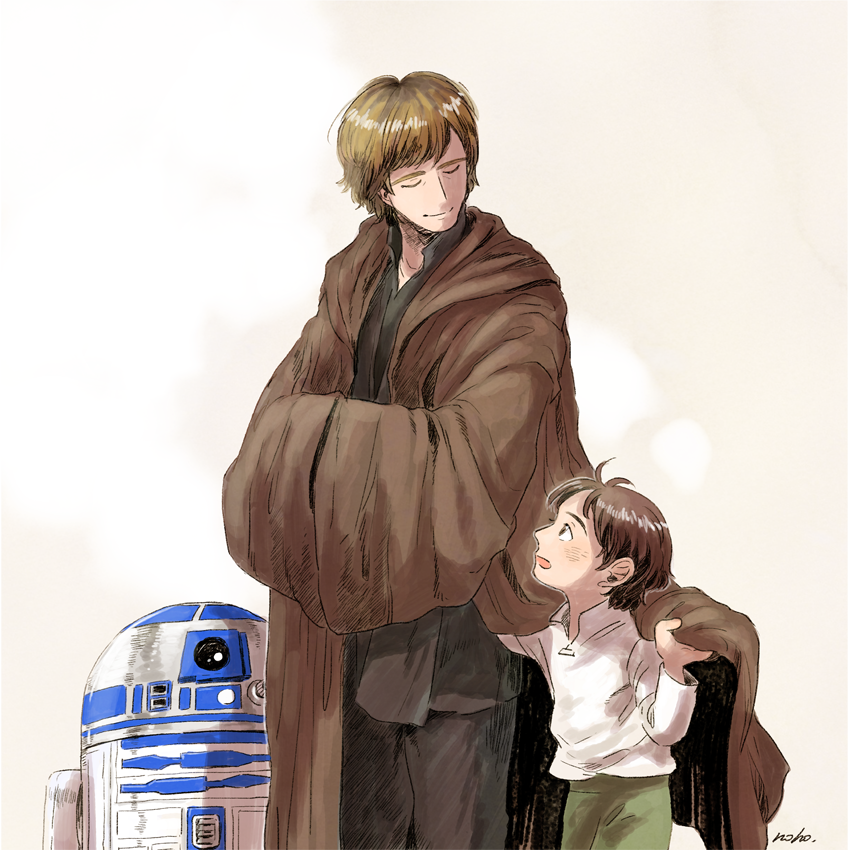 2boys aged_down animification astromech_droid ben_solo brown_hair child cloak closed_eyes looking_at_another luke_skywalker male_focus matsuri6373 multiple_boys r2-d2 robot signature star_wars