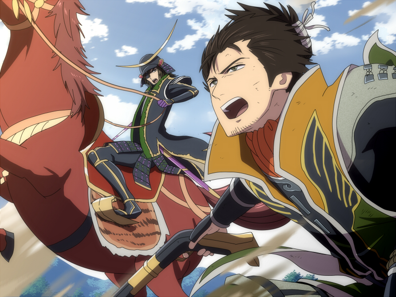 armor ascot brown_hair coat date_masamune eyepatch gun helmet horse kajiwara_io male_focus rifle saika_magoichi sengoku_musou swept_bangs sword weapon