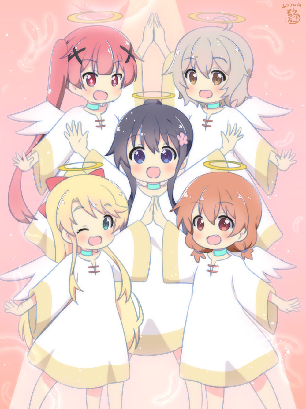 5girls :d ahoge angel angel_wings aosora_neko black_hair blonde_hair blue_eyes braid brown_hair dated fake_halo feathers flower green_eyes hair_flower hair_ornament halo heaven highres himesaka_noa hoshino_hinata konomori_kanon long_hair multiple_girls open_mouth red_eyes red_hair ribbon robe shirosaki_hana short_hair skirt smile tanemura_koyori twin_braids twintails very_long_hair watashi_ni_tenshi_ga_maiorita! wings yellow_eyes