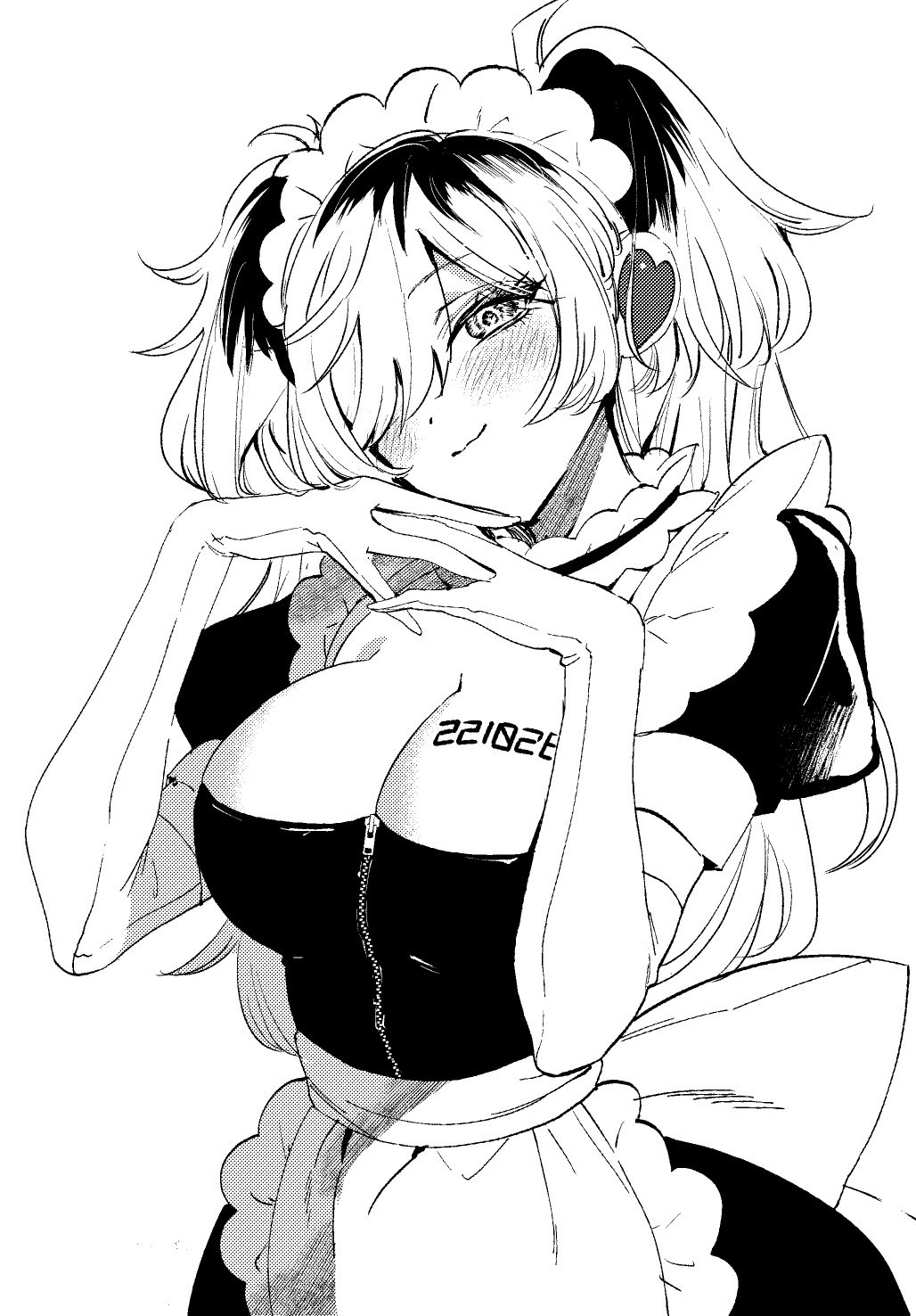 1girl apron body_writing breasts cleavage commentary elbow_gloves frilled_apron frills gloves greyscale hair_over_one_eye head_tilt highres ichiji_(loce_and_peave) large_breasts looking_at_viewer maid maid_headdress meruru_(ningen_maid_robot_meruru) monochrome ningen_maid_robot_meruru one_eye_covered puffy_short_sleeves puffy_sleeves second-party_source short_sleeves simple_background smile solo two_side_up upper_body waist_apron white_background