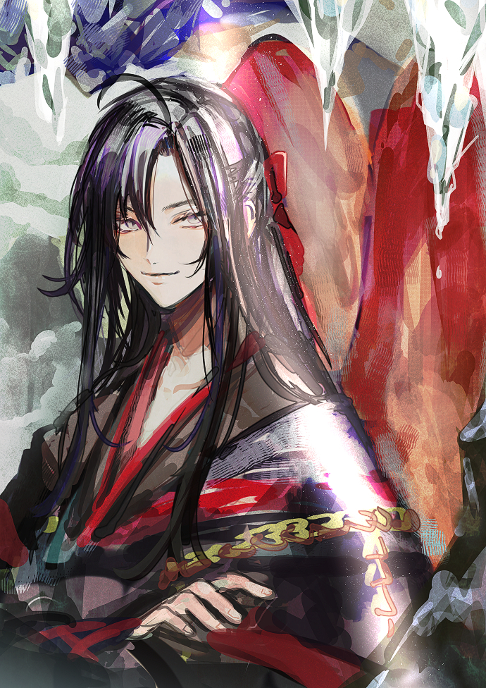 1boy ahoge bird_boy black_hair black_hanfu black_robe chinese_clothes closed_mouth crossed_arms daenarys grey_eyes hair_between_eyes hair_down hair_ribbon half_updo hanfu kemonomimi_mode long_hair looking_at_viewer male_focus modao_zushi official_alternate_hairstyle red_ribbon red_wings ribbon robe smile solo upper_body wei_wuxian wei_wuxian_(yiling_laozu) wings