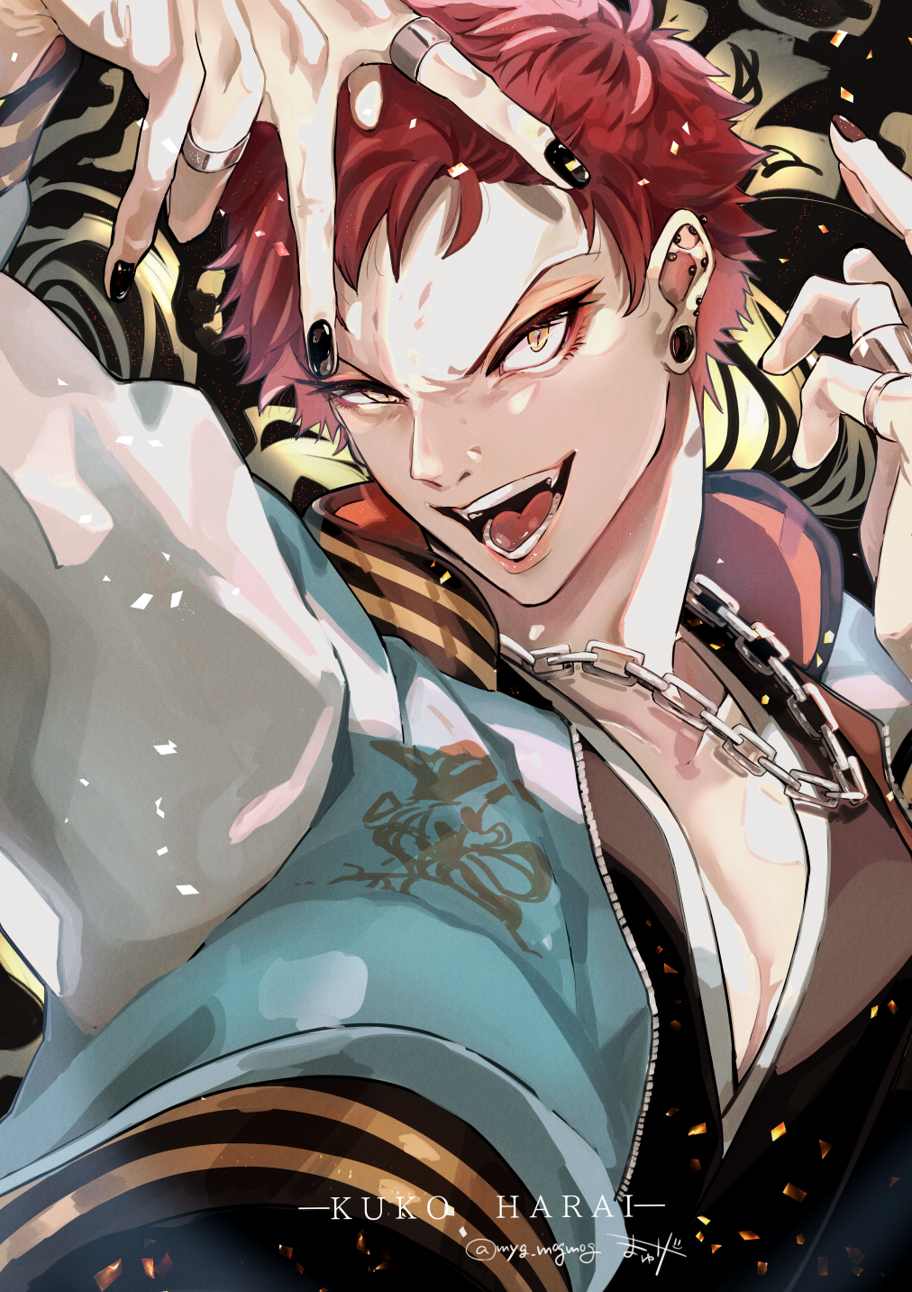 1boy bad_id bad_pixiv_id black_nails chain chain_necklace character_name ear_piercing fangs harai_kuko highres hypnosis_mic jacket jewelry letterman_jacket looking_at_viewer male_focus mayuge_(ugm_zzz) multicolored_background nail_polish necklace piercing red_hair ring smile solo twitter_username yellow_eyes