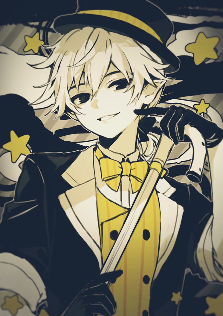 1boy black_gloves black_hat bow bowtie cane commentary gloves grin hair_between_eyes hat holding holding_cane kagamine_len lapels limited_palette male_focus notched_lapels shinotarou_(nagunaguex) smile solo spot_color star_(symbol) striped_bow striped_bowtie striped_clothes teeth kagamine_len_(tricker) vest vocaloid yellow_bow yellow_bowtie yellow_vest yumekui_shirokuro_baku_(vocaloid)