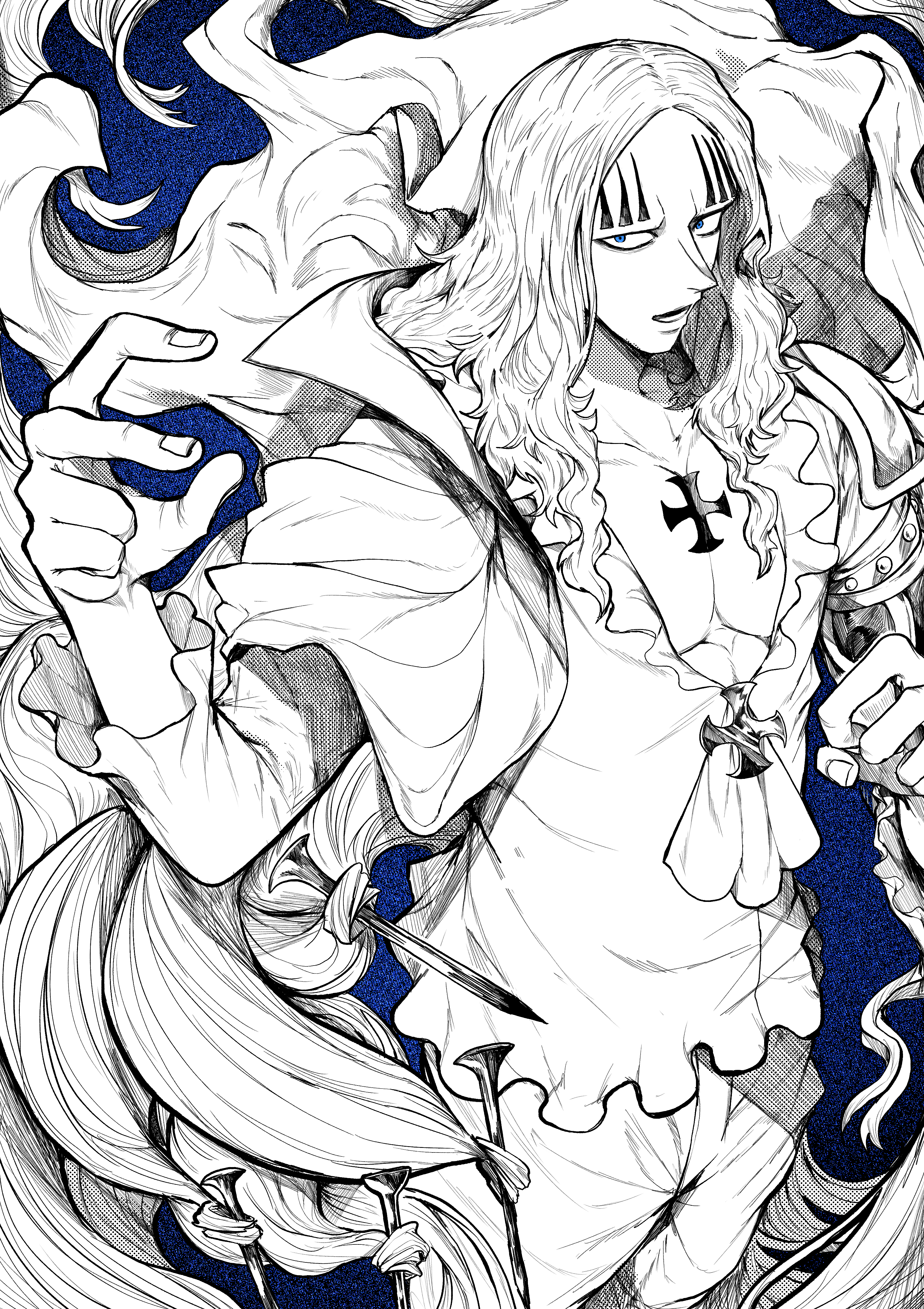 1boy absurdres armor basil_hawkins blue_eyes cape commentary_request cross cross_patty facial_mark facial_tattoo greyscale_with_colored_background highres long_hair long_sleeves male_focus monochrome nail_(hardware) one_piece open_mouth pauldrons shoulder_armor single_pauldron solo spot_color standing tattoo teeth yotsumi_shiro