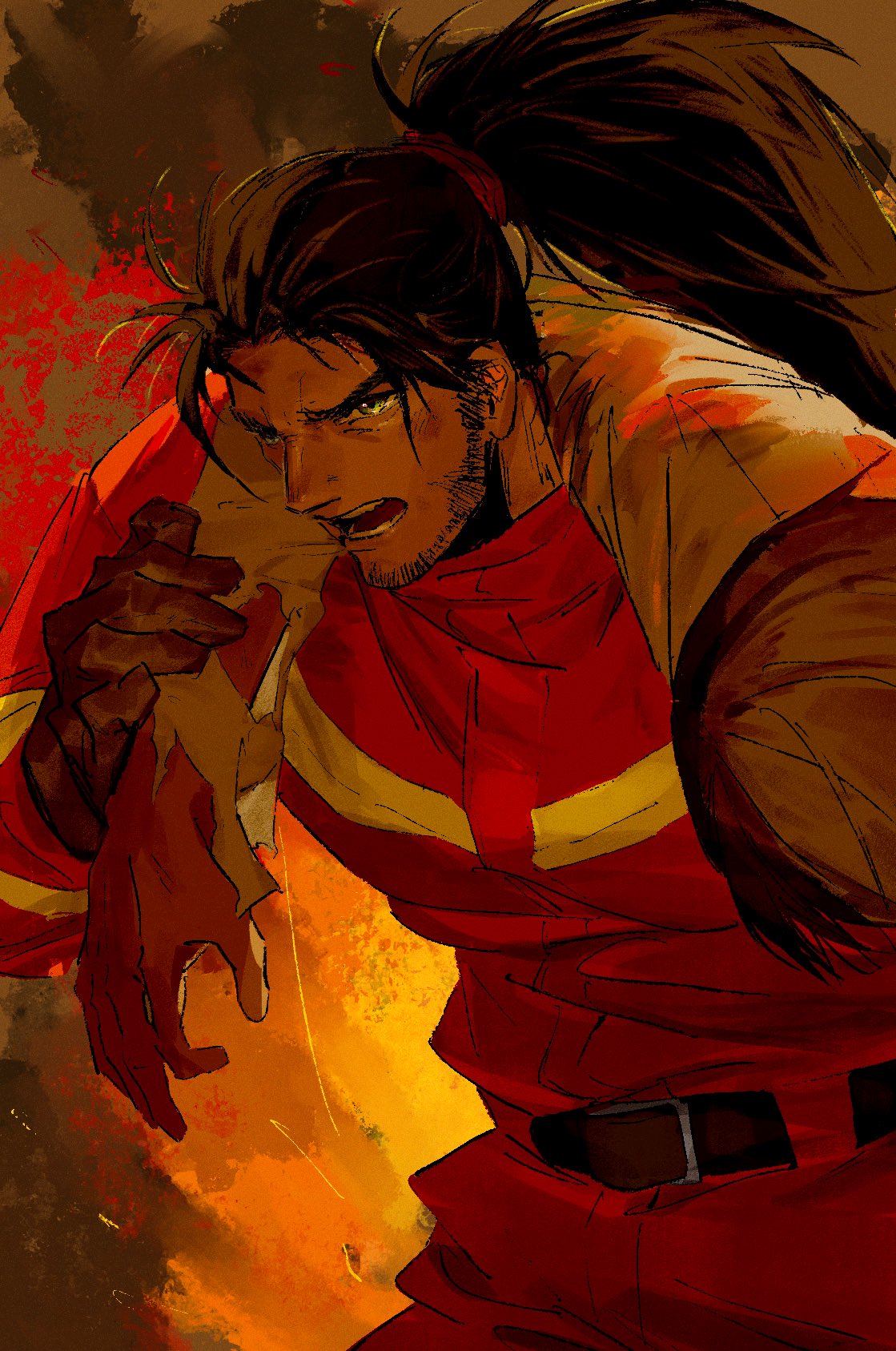 2boys arm_around_shoulder beard belt black_belt brown_gloves brown_hair contemporary cowboy_shot facial_hair final_fantasy final_fantasy_xiv firefighter firefighter_jacket gloves grey_eyebrows hand_on_another's_arm hien_rijin highres jacket long_hair looking_ahead male_focus multiple_boys open_mouth orange_jacket orange_pants pants ponytail shiyikuaiqingtai_(weibo7279846390) solo_focus teeth v-shaped_eyebrows