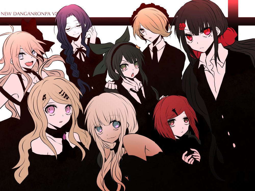 6+girls :3 :d ahoge akamatsu_kaede antenna_hair bare_shoulders black_hair black_hairband black_jacket black_necktie black_ribbon blonde_hair blush braid brown_hair chabashira_tenko collared_shirt commentary copyright_name danganronpa_(series) danganronpa_v3:_killing_harmony dress eyelashes formal_clothes fortissimo glasses green_eyes hair_ornament hair_over_one_eye hairband harukawa_maki iruma_miu jacket long_hair looking_at_viewer low_twintails mole mole_under_eye multiple_girls musical_note musical_note_hair_ornament neck_ribbon necktie negi_(ngng_9) off-shoulder_dress off_shoulder open_mouth pink_eyes red_eyes red_scrunchie ribbon scrunchie shirogane_tsumugi shirt short_hair slit_pupils smile suit teeth tojo_kirumi tongue twintails upper_teeth_only very_long_hair white_shirt yonaga_angie yumeno_himiko