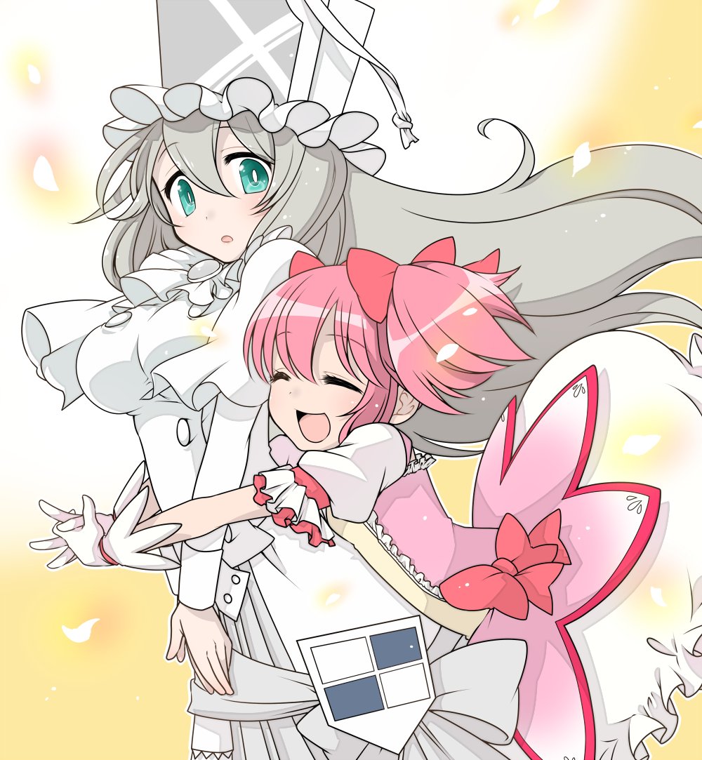 2girls blue_eyes breasts closed_mouth hug hug_from_behind iyofika kaname_madoka kaname_madoka_(magical_girl) looking_at_another mahou_shoujo_madoka_magica mahou_shoujo_oriko_magica medium_breasts mikuni_oriko multiple_girls pink_hair white_hair yuri