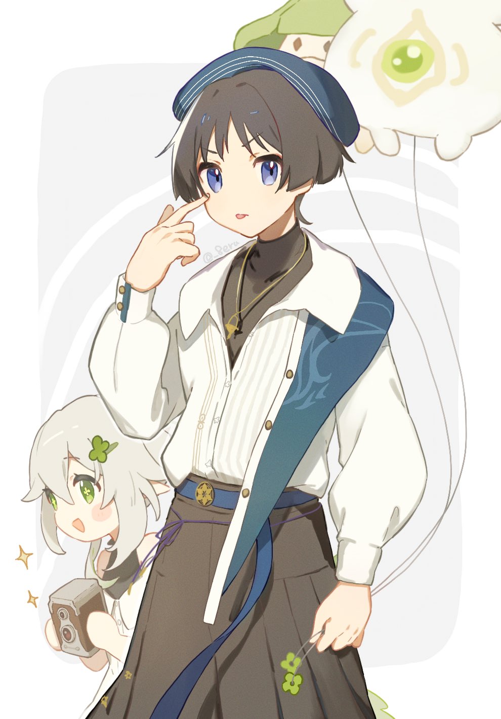 1boy 1girl :p akanbe alternate_costume aqua_hat aqua_shawl aranara_(genshin_impact) belt beret black_hair black_pants black_undershirt blue_belt blunt_ends blush camera clover clover_hair_ornament collared_shirt contemporary creature cross-shaped_pupils curled_fingers double-parted_bangs erua_(_8eru) eyelid_pull finger_to_eye floating four-leaf_clover genshin_impact green_eyes hair_between_eyes hair_intakes hair_ornament hairclip hand_up hat height_difference highres holding holding_camera holding_clover long_sleeves looking_at_viewer nahida_(genshin_impact) neo_akasha_terminal official_alternate_costume open_mouth pants parted_bangs pointy_ears purple_eyes scaramouche_(genshin_impact) shawl shirt string symbol-shaped_pupils tongue tongue_out triangle_mouth undershirt wanderer_(genshin_impact) wanderer_(wanderer_impression)_(genshin_impact) white_background white_hair white_shirt white_sleeves white_trim