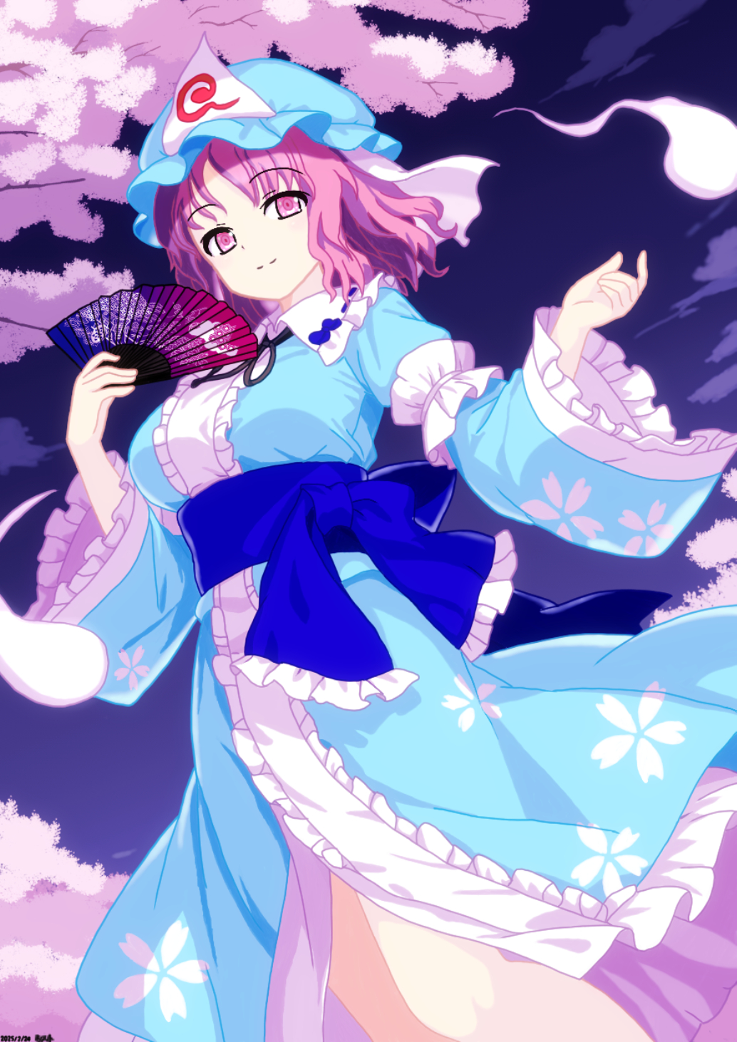 1girl blue_kimono blue_sash breasts center_frills cherry_blossoms closed_mouth commentary dated folding_fan frilled_kimono frilled_sleeves frills hand_fan hat highres hitodama holding holding_fan japanese_clothes kimono long_sleeves looking_at_viewer mist9801km mob_cap petal_print pink_eyes pink_hair print_kimono saigyouji_yuyuko sash sleeve_garter smile solo touhou triangular_headpiece wide_sleeves