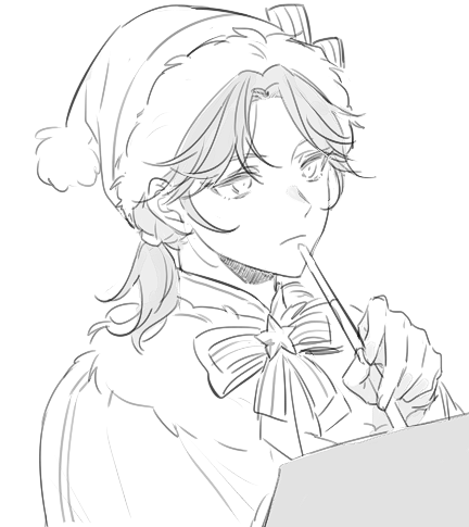 1boy 2065524089 androgynous art_brush bow canvas_(object) capelet edgar_valden edgar_valden_(cozy_christmas_eve) fur-trimmed_capelet fur-trimmed_headwear fur_trim hat holding holding_paintbrush identity_v lowres monochrome paintbrush painting_(action) parted_bangs ponytail santa_hat sketch trap unfinished