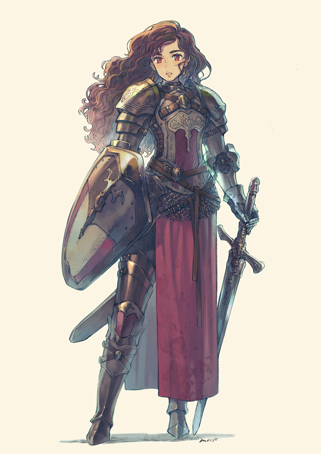 1girl armor armored_boots belt boots breastplate chainmail earrings female_focus full_armor full_body gauntlets highres jewelry knight lips long_hair looking_at_viewer moryo original parted_lips pelvic_curtain plate_armor red_eyes red_hair scabbard sheath shield signature simple_background solo standing sword unsheathed wavy_hair weapon white_background