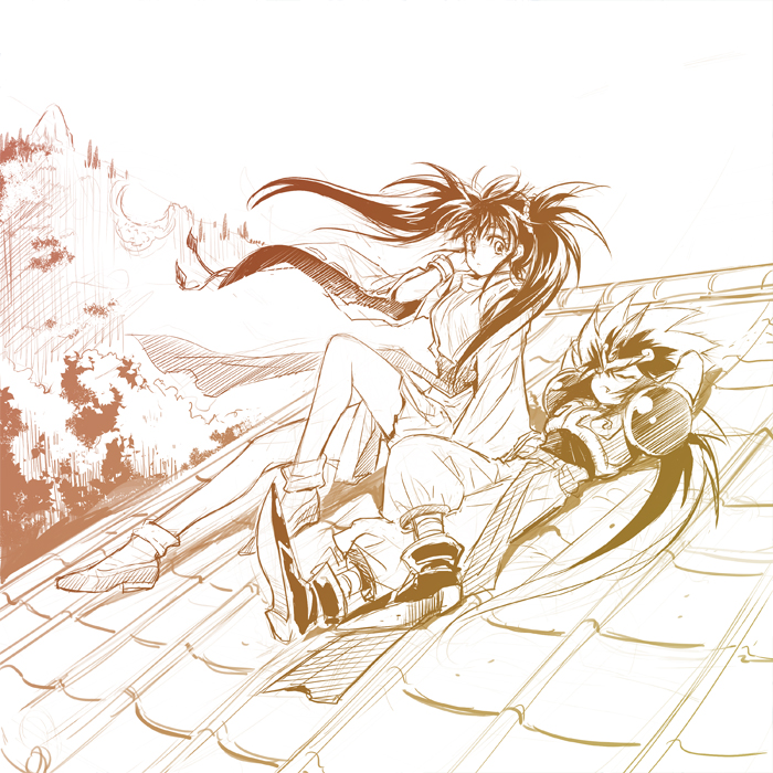 1boy 1girl artist_request bare_legs crossed_legs dress enno_chiaki injury japanese_clothes kishin_douji_zenki long_hair long_sleeves looking_at_another lying miko monochrome nontraditional_miko sash short_dress sitting size_difference twintails very_long_hair zenki