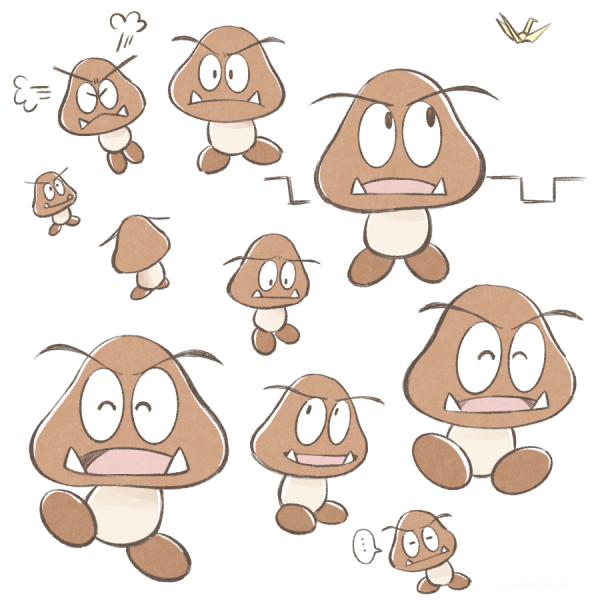 ... closed_mouth commentary_request dama8457 fangs from_behind furrowed_brow goomba happy leaning_to_the_side looking_at_object mario_(series) multiple_views nintendo no_humans open_mouth origami paper_crane paper_mario paper_mario:_the_origami_king puff_of_air sad simple_background spoken_ellipsis thick_eyebrows upturned_eyes walking white_background