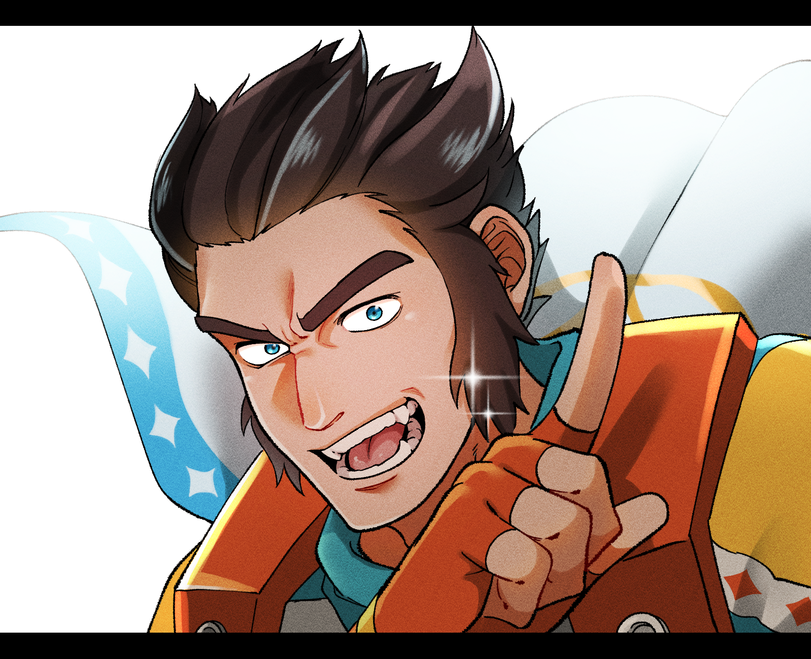 1boy blue_eyes brown_hair cape commentary_request fangs film_grain fingerless_gloves gloves highres index_finger_raised jacket letterboxed long_sideburns male_focus mugicha_(zoro1132) my_time_at_portia my_time_at_sandrock open_mouth orange_gloves pen_(my_time_at_sandrock) portrait sideburns smile solo sparkle thick_eyebrows