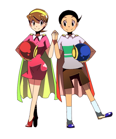1boy 1girl black_eyes black_hair brown_eyes brown_hair cape hairband helmet hetero holding holding_hands holding_helmet hoshino_sumire lowres mitsuo_suwa paako perman perman_(series) perman_1 short_hair simple_background smile socks suwa_mitsuo unworn_headwear unworn_helmet white_background white_legwear yasumi22842620 yasumi_(aitne)