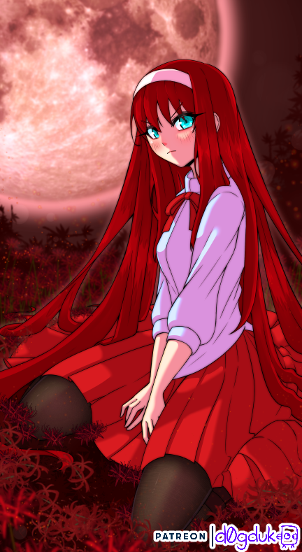 1girl angry blue_eyes breasts d0gduk flower full_moon hands_on_lap long_hair looking_at_viewer moon on_ground red_ribbon red_skirt ribbon shirt skirt small_breasts spider_lily tohno_akiha toono_akiha tsukihime vermillion_akiha very_long_hair watermark white_shirt
