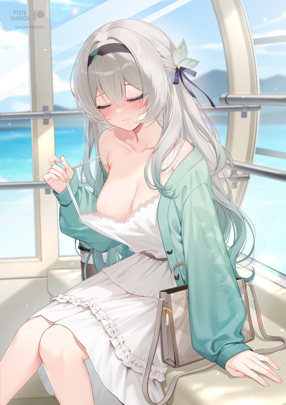 1girl alternate_costume aqua_cardigan areola_slip artist_logo bare_shoulders black_bow black_hairband blue_sky blush bow breasts brown_bag cardigan closed_eyes closed_mouth clothes_pull collarbone commentary_request day dress dress_pull feet_out_of_frame ferris_wheel firefly_(honkai:_star_rail) gradient_hair green_hair grey_hair hair_between_eyes hair_bow hairband highres honkai:_star_rail honkai_(series) large_breasts logo multicolored_hair open_cardigan open_clothes paid_reward_available playing_with_own_hair shrimp_cake sitting sky solo white_dress