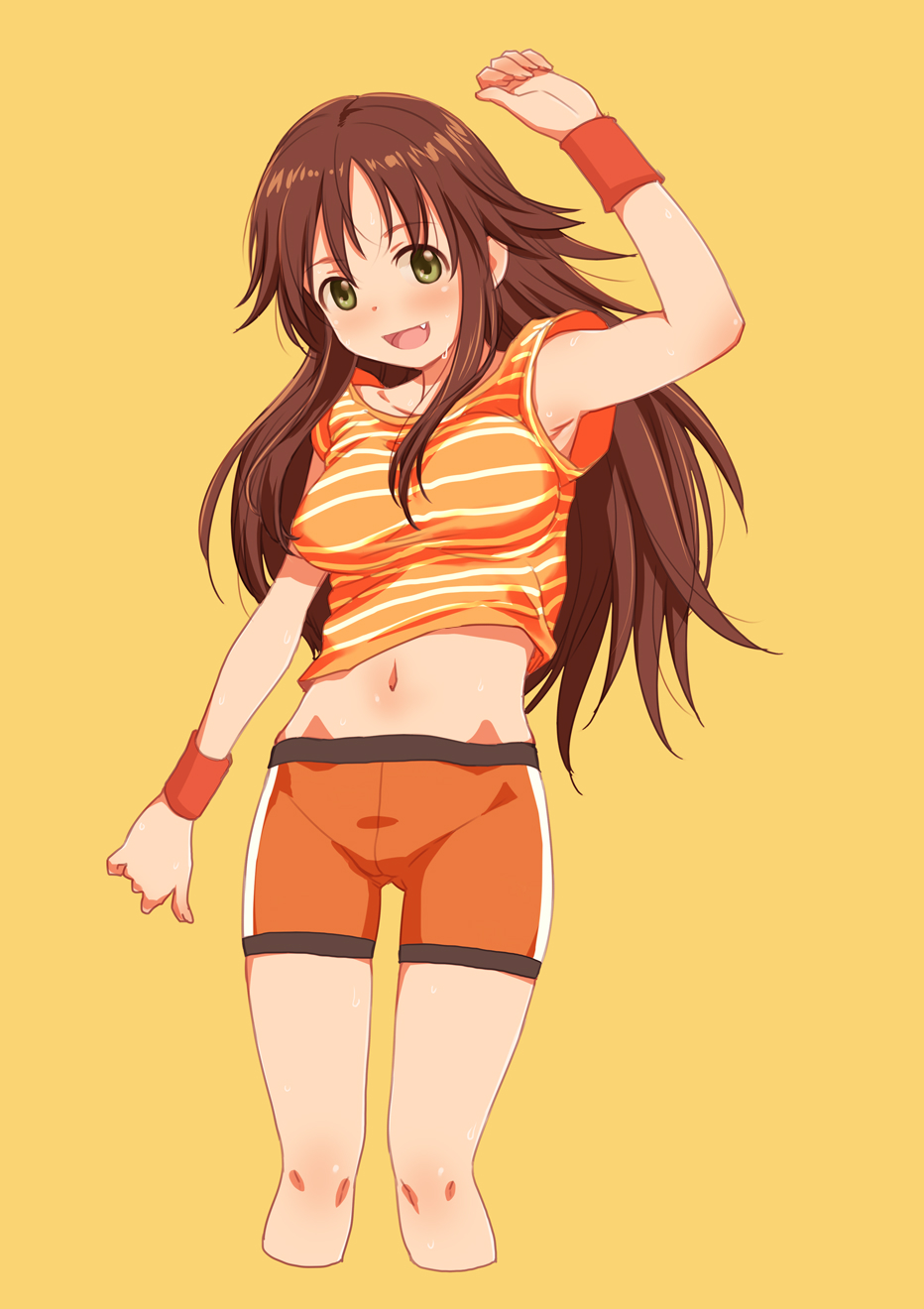 1girl blush breasts brown_hair commentary_request crop_top fang green_eyes highres himekawa_yuki idolmaster idolmaster_cinderella_girls large_breasts long_hair looking_at_viewer navel open_mouth sakaki_imasato shorts smile solo sweat