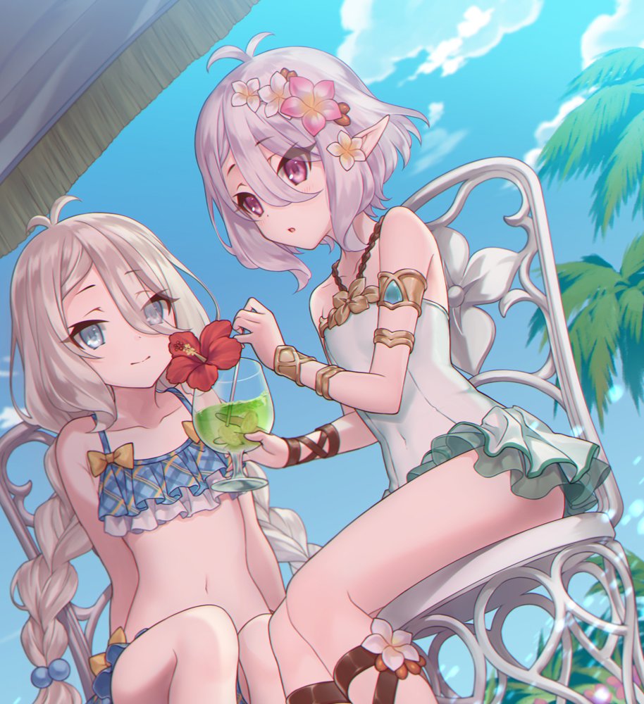 2girls alternate_universe antenna_hair bikini blue_eyes braid breasts cup drinking_straw dutch_angle elf flat_chest flower frilled_bikini frills grey_eyes hair_between_eyes hair_flower hair_ornament holding holding_cup kokkoro_(princess_connect!) kokkoro_(real)_(princess_connect!) long_hair looking_at_viewer masami_(souzou_jinsei_sanka) multiple_girls navel one-piece_swimsuit pointy_ears princess_connect! purple_eyes short_hair sitting sky small_breasts swimsuit twin_braids twintails white_hair