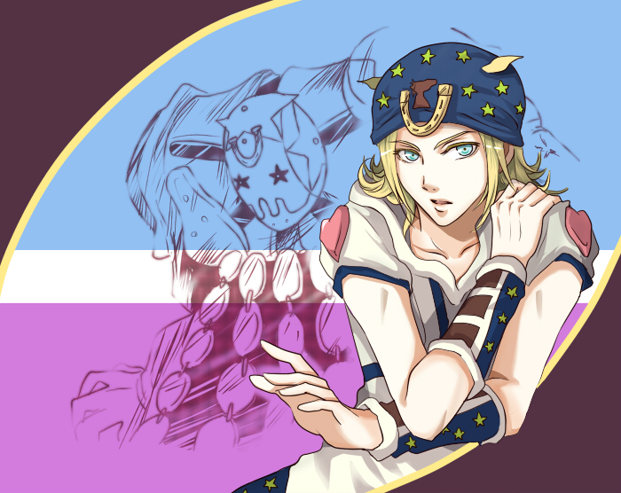 1boy aika_(nikukyuu29) blonde_hair blue_eyes hat johnny_joestar jojo_no_kimyou_na_bouken male_focus niku_kyuu solo stand_(jojo) steel_ball_run tusk_(stand) tusk_act4