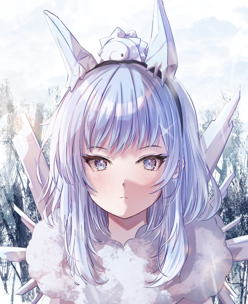 1girl black_hairband blue_eyes blue_eyeshadow blue_hair closed_mouth eyelashes eyeshadow fire_emblem fire_emblem_heroes frown fur_collar fuussu_(21-kazin) gen_8_pokemon hairband ice ice_horns light_blue_hair light_blush long_hair looking_at_viewer makeup nifl_(fire_emblem) nintendo on_head pokemon pokemon_(creature) pokemon_on_head snom split_mouth straight-on tsurime upper_body