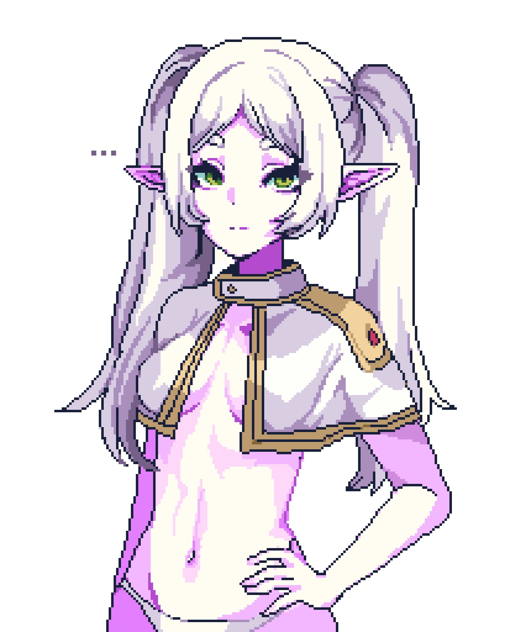 ... :| arm_at_side black_shirt breasts capelet closed_mouth commentary cowboy_shot elf english_commentary expressionless eyelashes frieren gold_trim green_eyes hand_on_own_hip highres hikimayu long_hair long_sleeves looking_at_viewer looking_to_the_side midriff naked_capelet navel no_bra no_pants no_shirt panties parted_bangs pixel_art pixelcadete pointy_ears shirt short_eyebrows sidelocks simple_background small_breasts sousou_no_frieren standing striped_clothes striped_shirt thick_eyebrows twintails underwear white_background white_capelet white_hair white_panties white_shirt