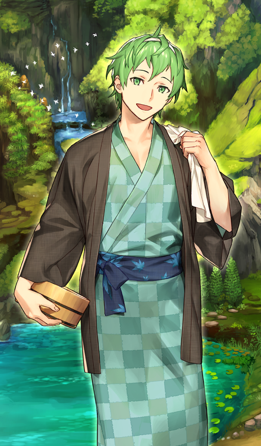1boy bird black_sash brown_haori bucket checkered_clothes checkered_kimono collarbone commentary david_(fate) day fate/grand_order fate_(series) feet_out_of_frame ginka_sima green_eyes green_hair green_kimono hairband haori holding holding_bucket japanese_clothes kimono lily_pad looking_at_viewer male_focus nature official_alternate_costume official_art open_mouth outdoors pectoral_cleavage pectorals print_sash sash short_hair smile solo standing sunlight third-party_source tree water waterfall white_hairband wide_sleeves wooden_bucket