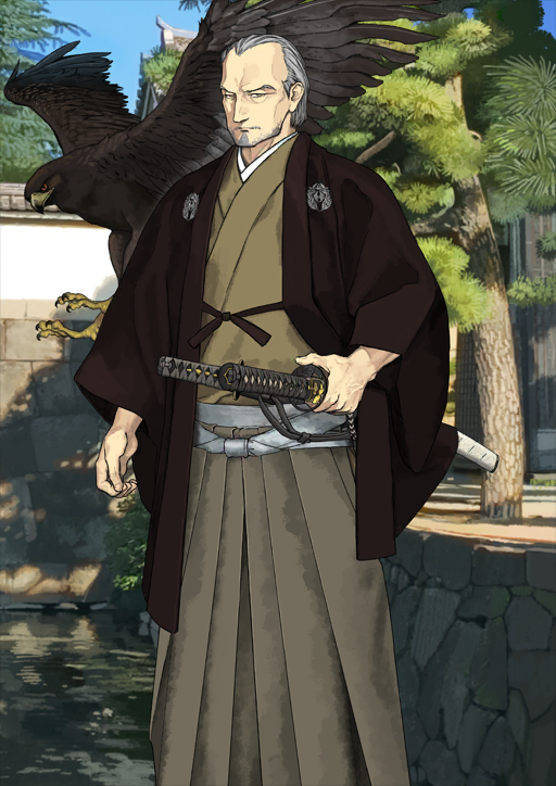1boy animal architecture arm_at_side beard bird bird_request blue_sky brown_hakama brown_haori brown_kimono cheekbones chinstrap_beard closed_mouth crest east_asian_architecture facial_hair family_crest fate/grand_order fate_(series) feet_out_of_frame furumi_showichi grey_facial_hair grey_hair hakama hand_on_sheath haori japanese_clothes katana kimono long_sleeves looking_at_viewer male_focus official_art old old_man orange_eyes sash sheath sheathed sky solo sword third-party_source variant_set weapon white_sash wide_sleeves yagyuu_munenori_(fate)