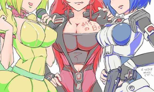 00s 3girls blue_hair breasts cleavage dancouga_(series) gun hidaka_aoi juusou_kikou_dancouga_nova large_breasts long_hair microphone multiple_girls open_mouth red_hair short_hair simple_background tachibana_kurara tongue weapon